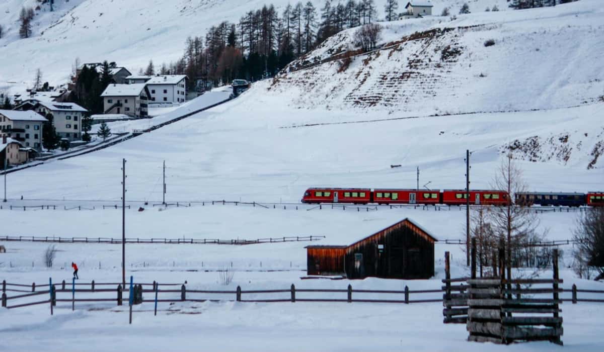 Treno tra le montagne innevate